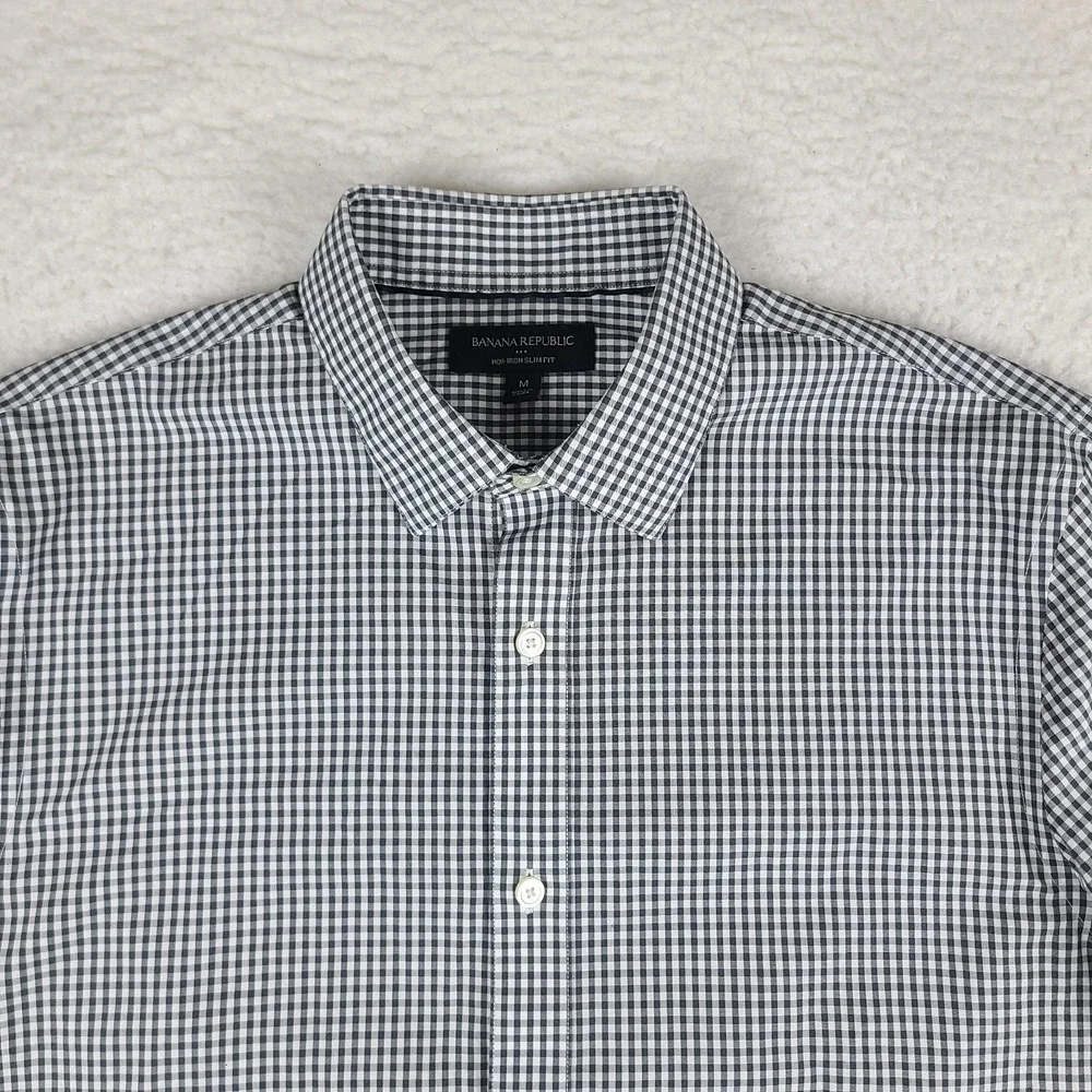Banana Republic Shirt Mens Medium Black Gray Check Non Iron Slim Dress Button Up
